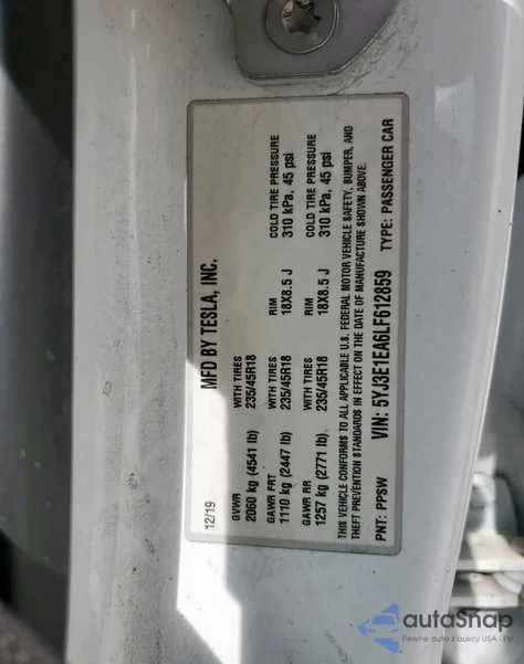 2020 Tesla Model 3 z USA, uszkodzony, nr VIN 5YJ3E1EA6LF612859